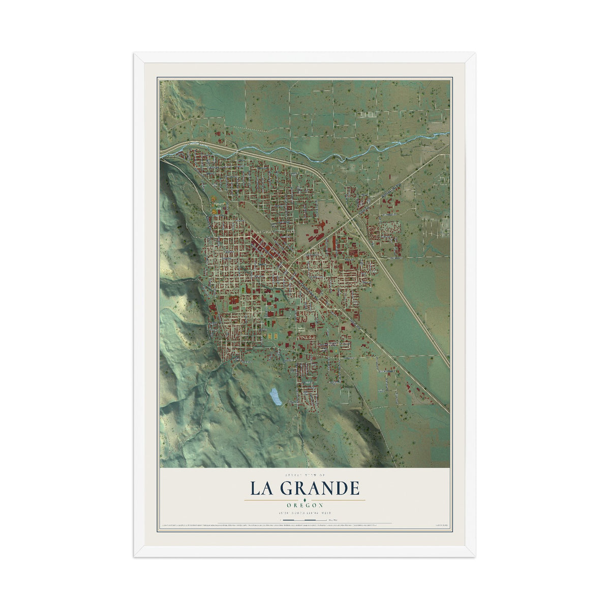 Map of La Grande, Oregon, 12 x 18 inch print in a white wood frame