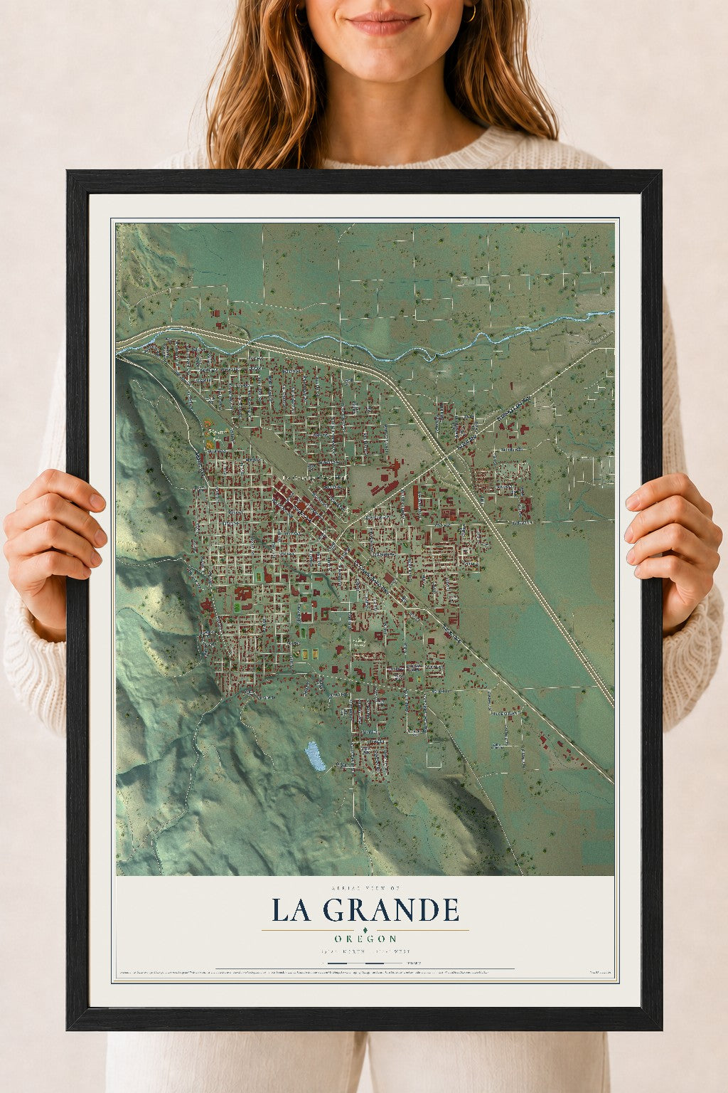 Map of La Grande, Oregon, 18 x 24 inch print in a black wood frame
