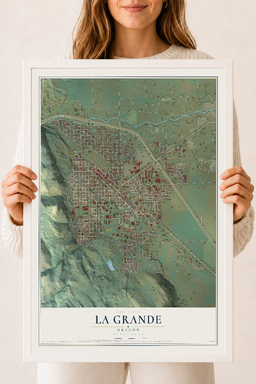 Map of La Grande, Oregon, 18 x 24 inch print in a white wood frame