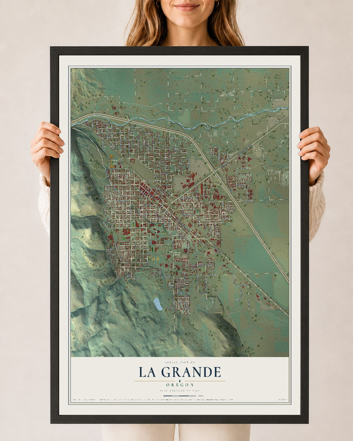 Map of La Grande, Oregon, 24 x 36 inch print in a black wood frame