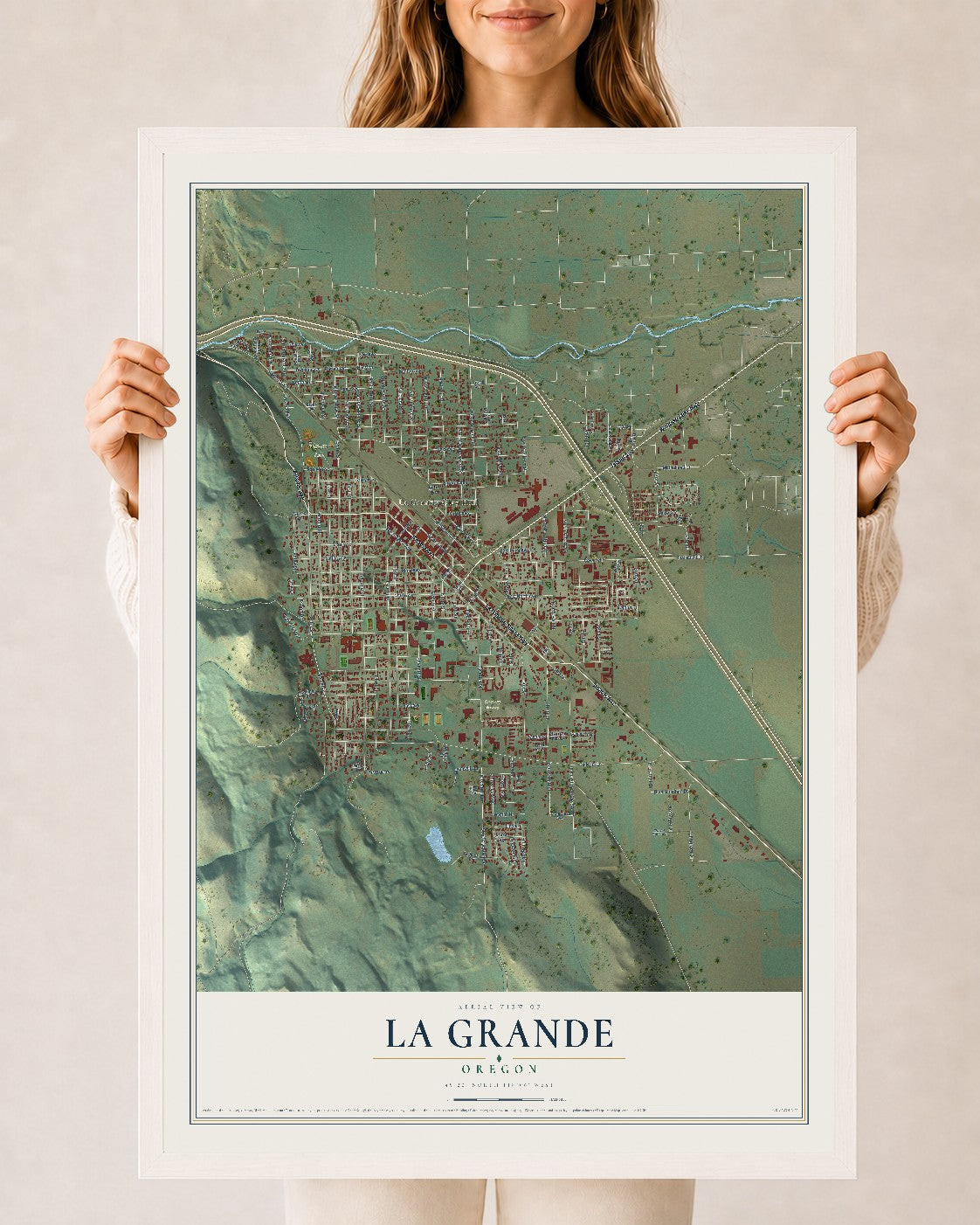 Map of La Grande, Oregon, 24 x 36 inch print in a white wood frame