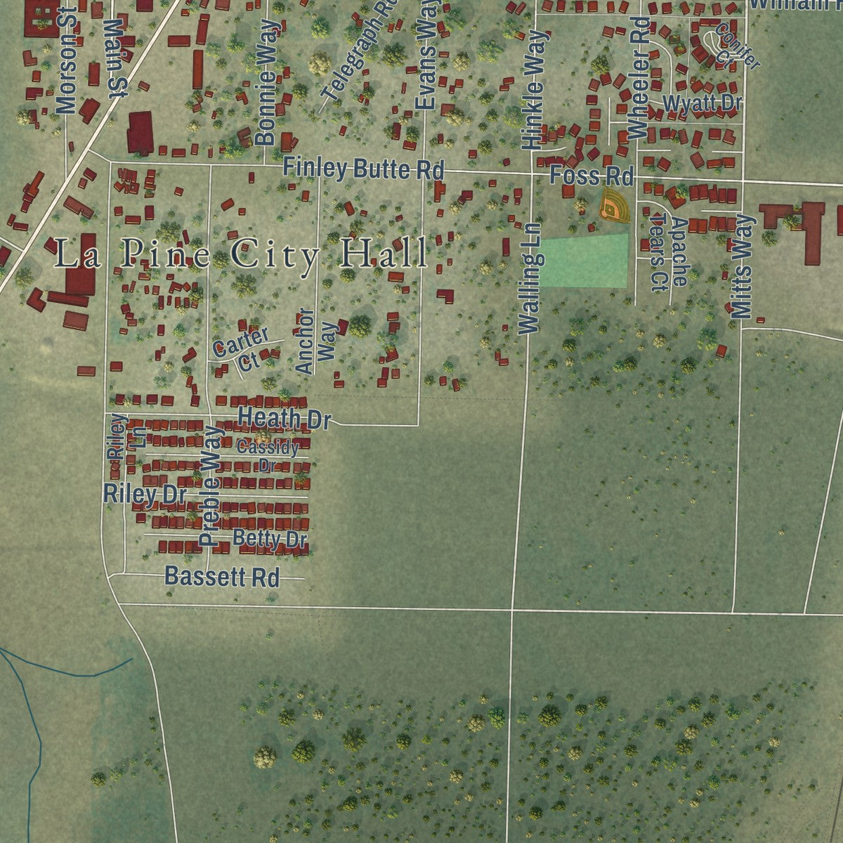 Close-up of the map of La Pine, Oregon print showing street and building detail