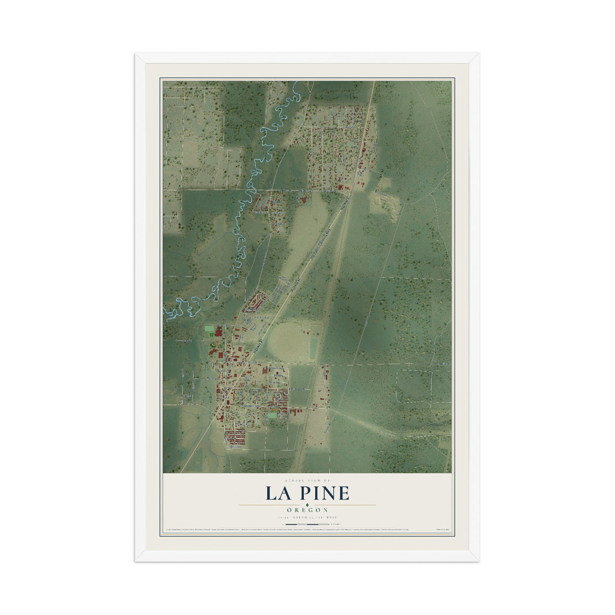 Map of La Pine, Oregon, 12 x 18 inch print in a white wood frame