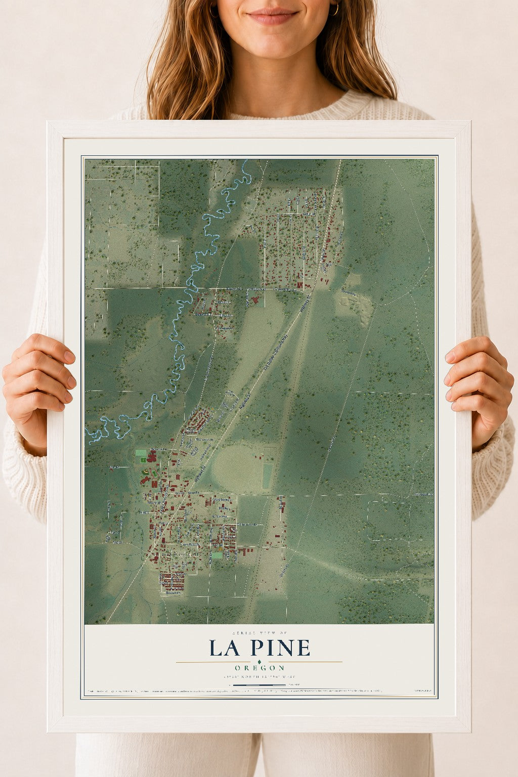 Map of La Pine, Oregon, 18 x 24 inch print in a white wood frame