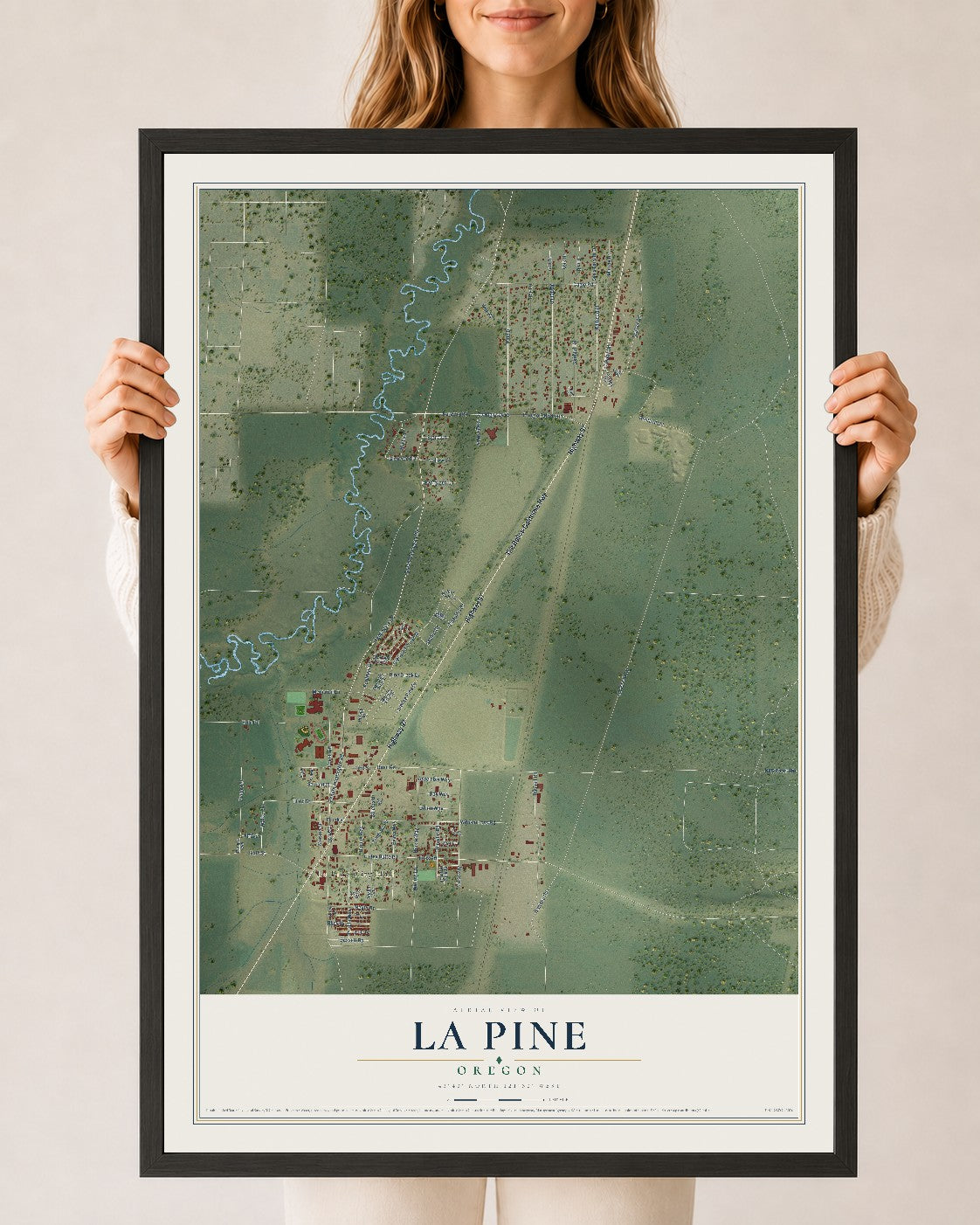 Map of La Pine, Oregon, 24 x 36 inch print in a black wood frame