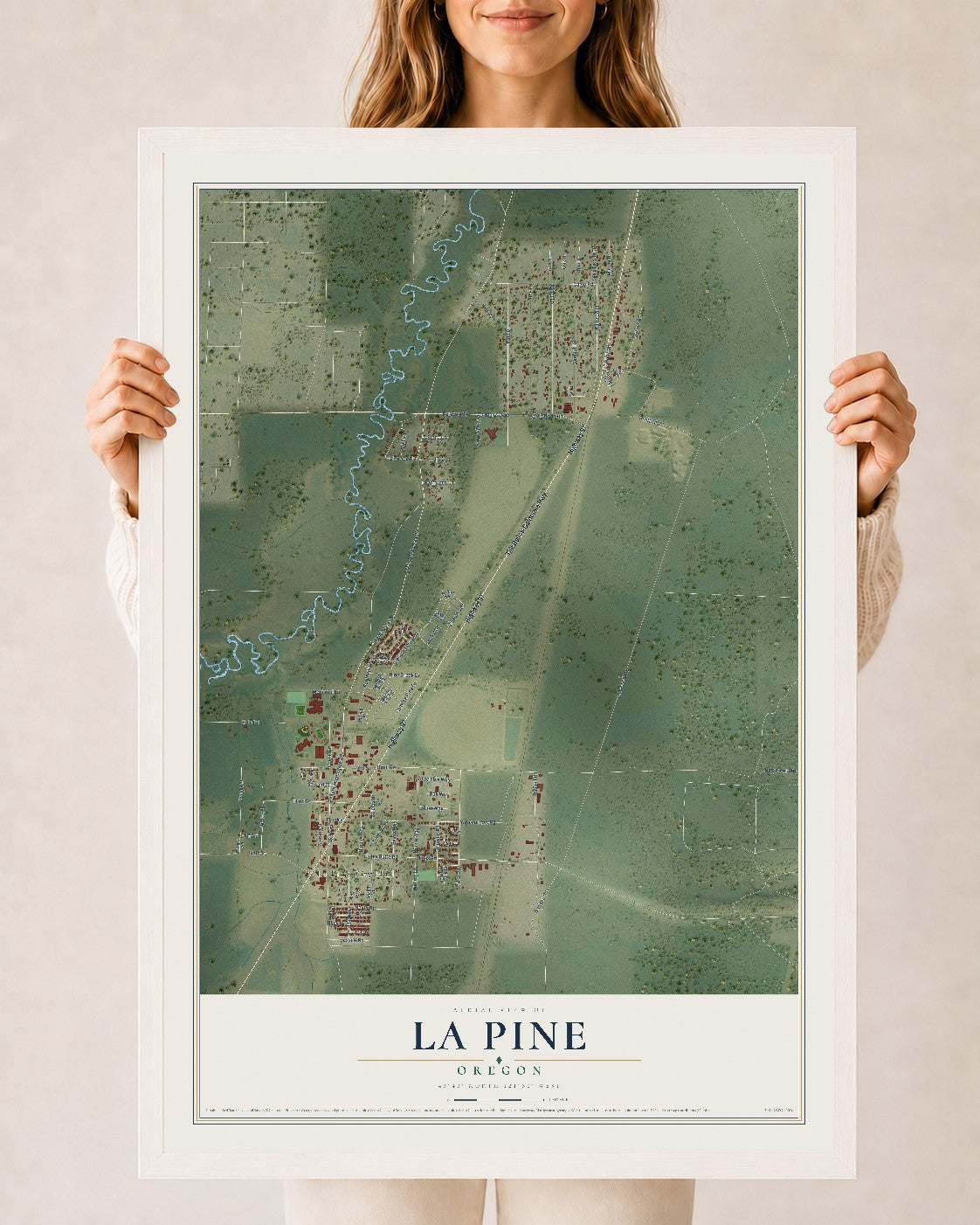 Map of La Pine, Oregon, 24 x 36 inch print in a white wood frame