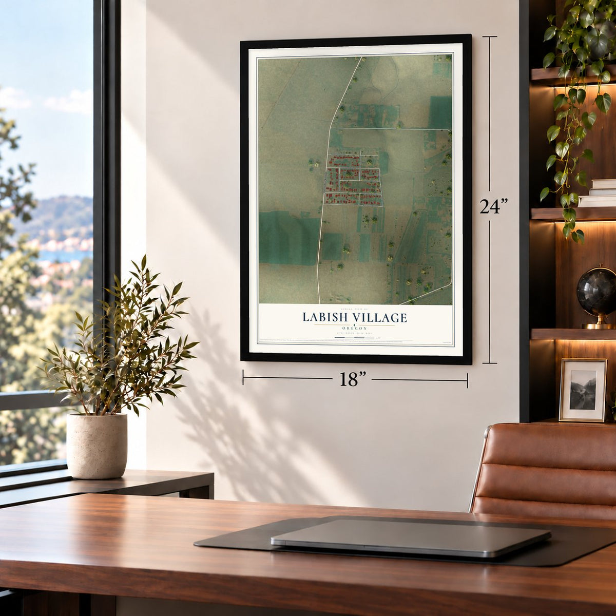 Labish Village, Oregon map, 18 x 24 inch print in a black frame in a home office