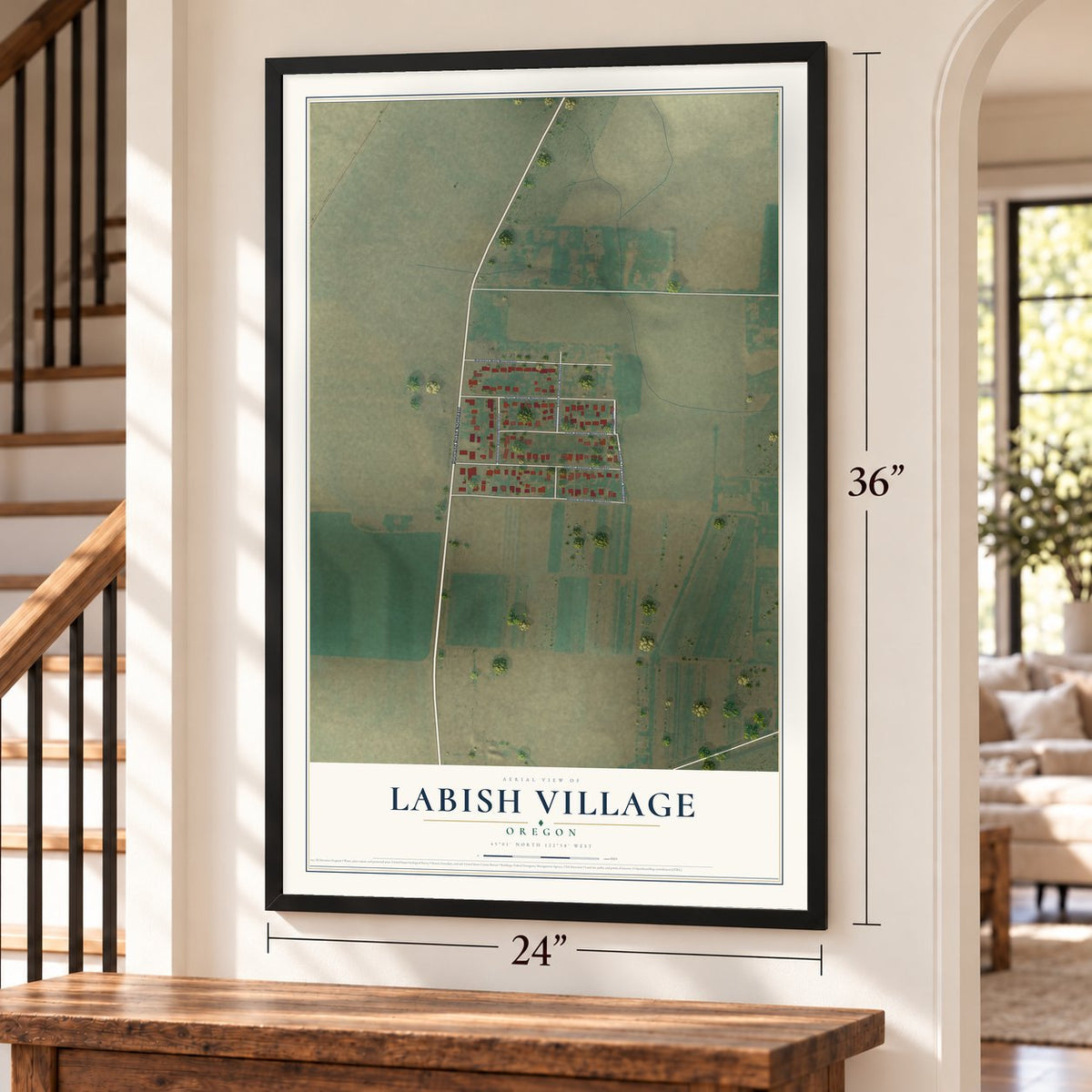 Labish Village, Oregon map, 24 x 36 inch print in a black frame by a staircase