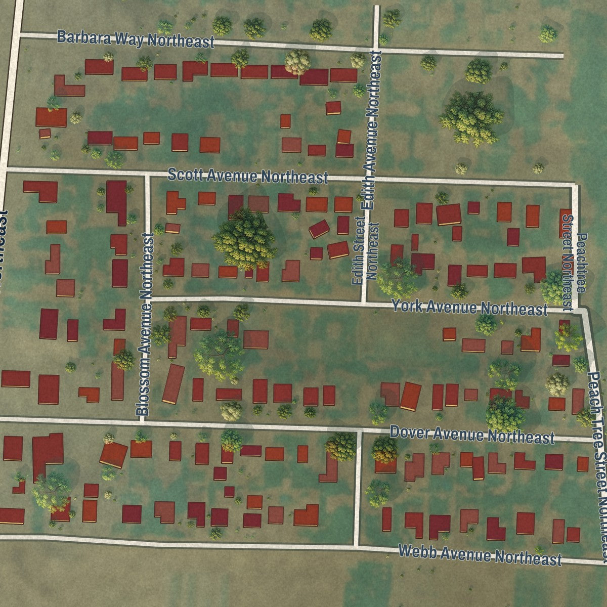 Close-up of the map of Labish Village, Oregon print showing street and building detail