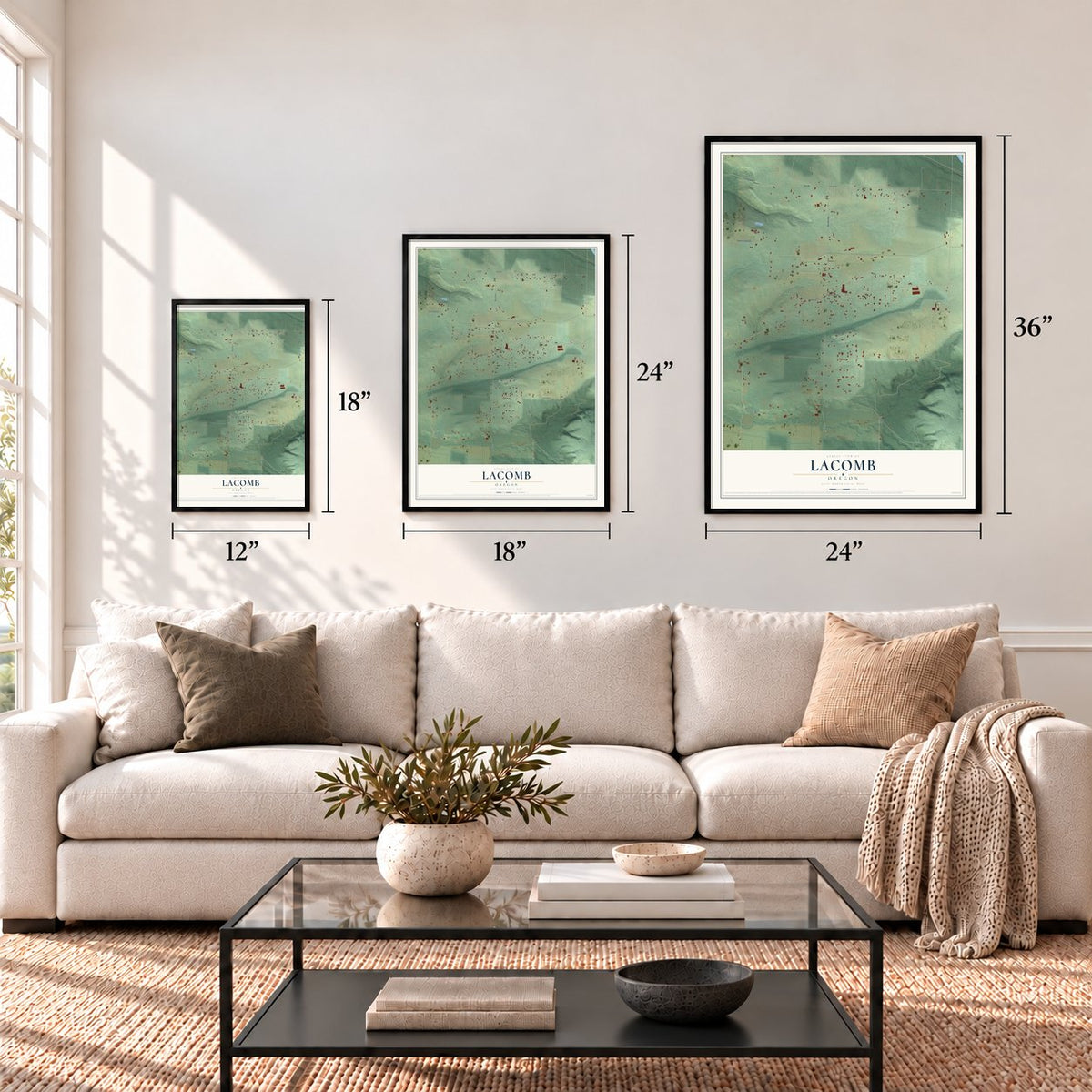 Lacomb, Oregon map in 12 x 18, 18 x 24 and 24 x 36 inch sizes above a sofa