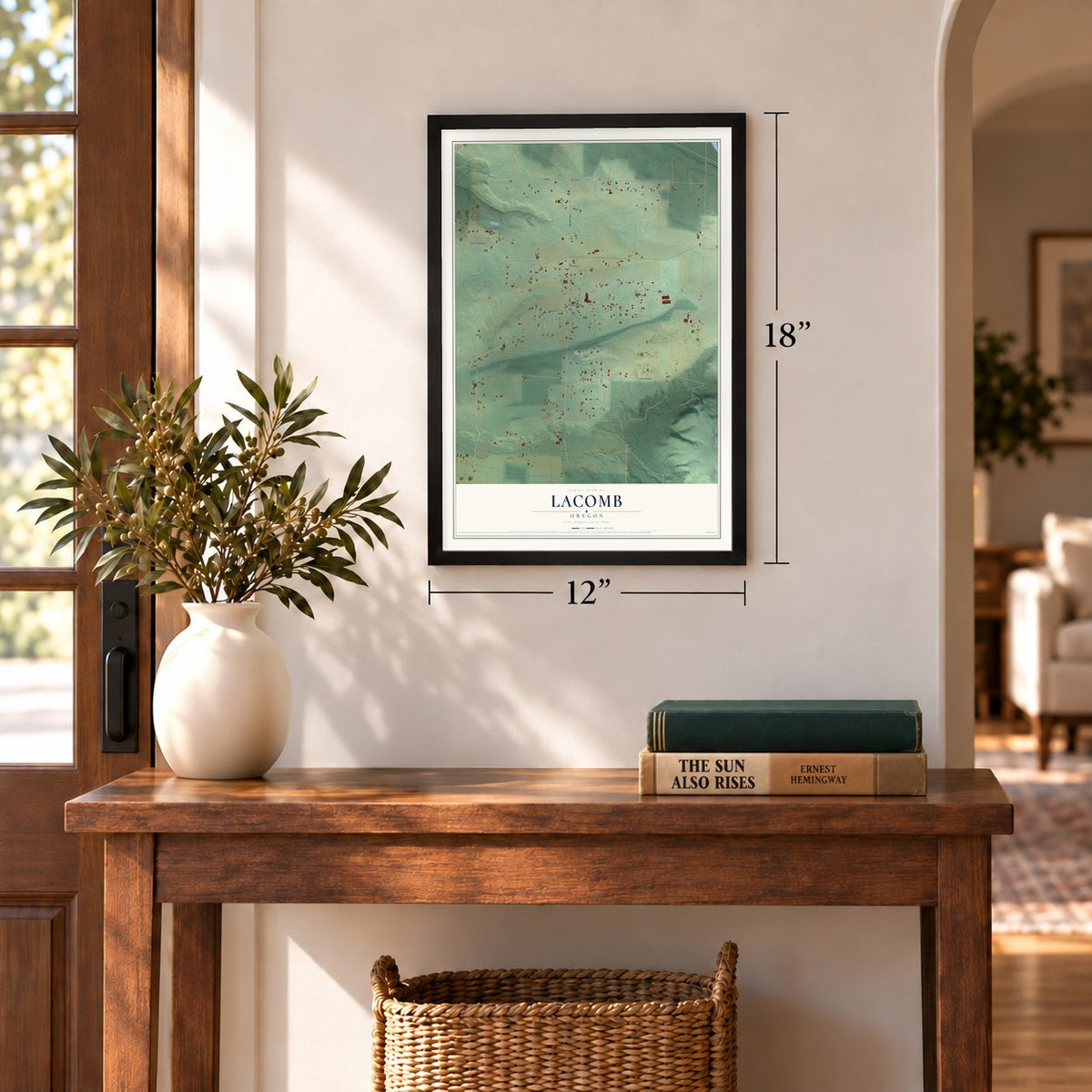 Lacomb, Oregon map, 12 x 18 inch print in a black frame in an entryway