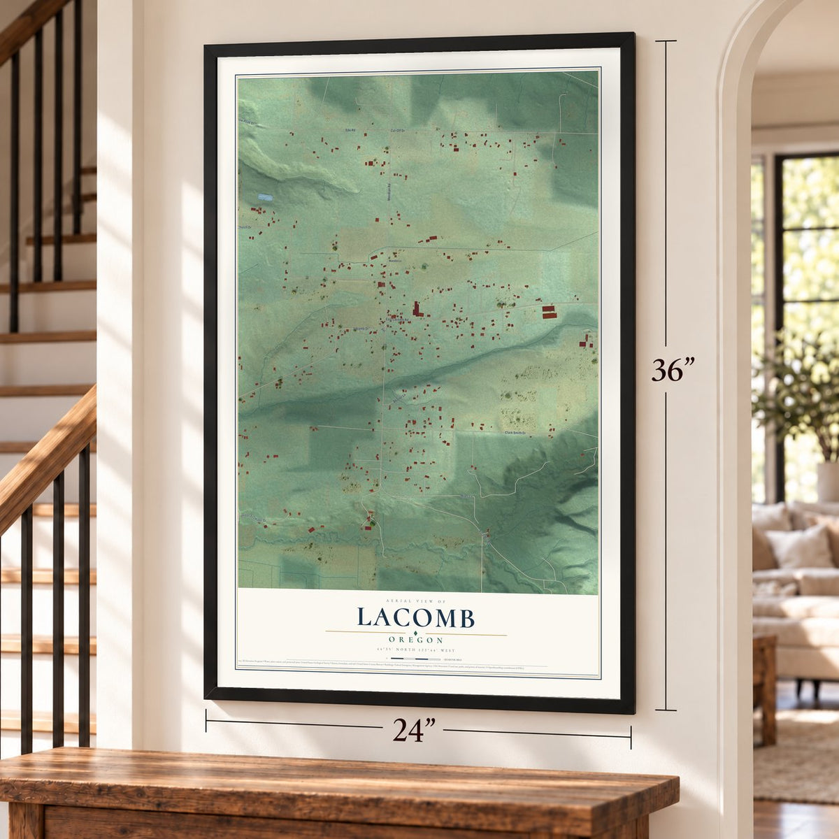 Lacomb, Oregon map, 24 x 36 inch print in a black frame by a staircase