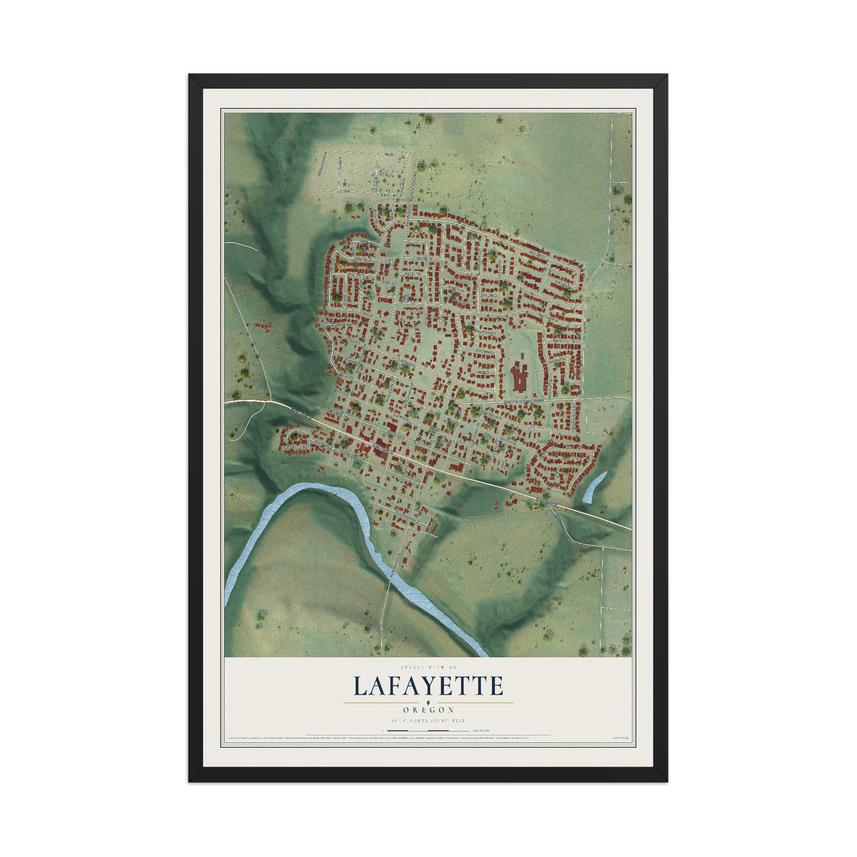 Map of Lafayette, Oregon, 12 x 18 inch print in a black wood frame