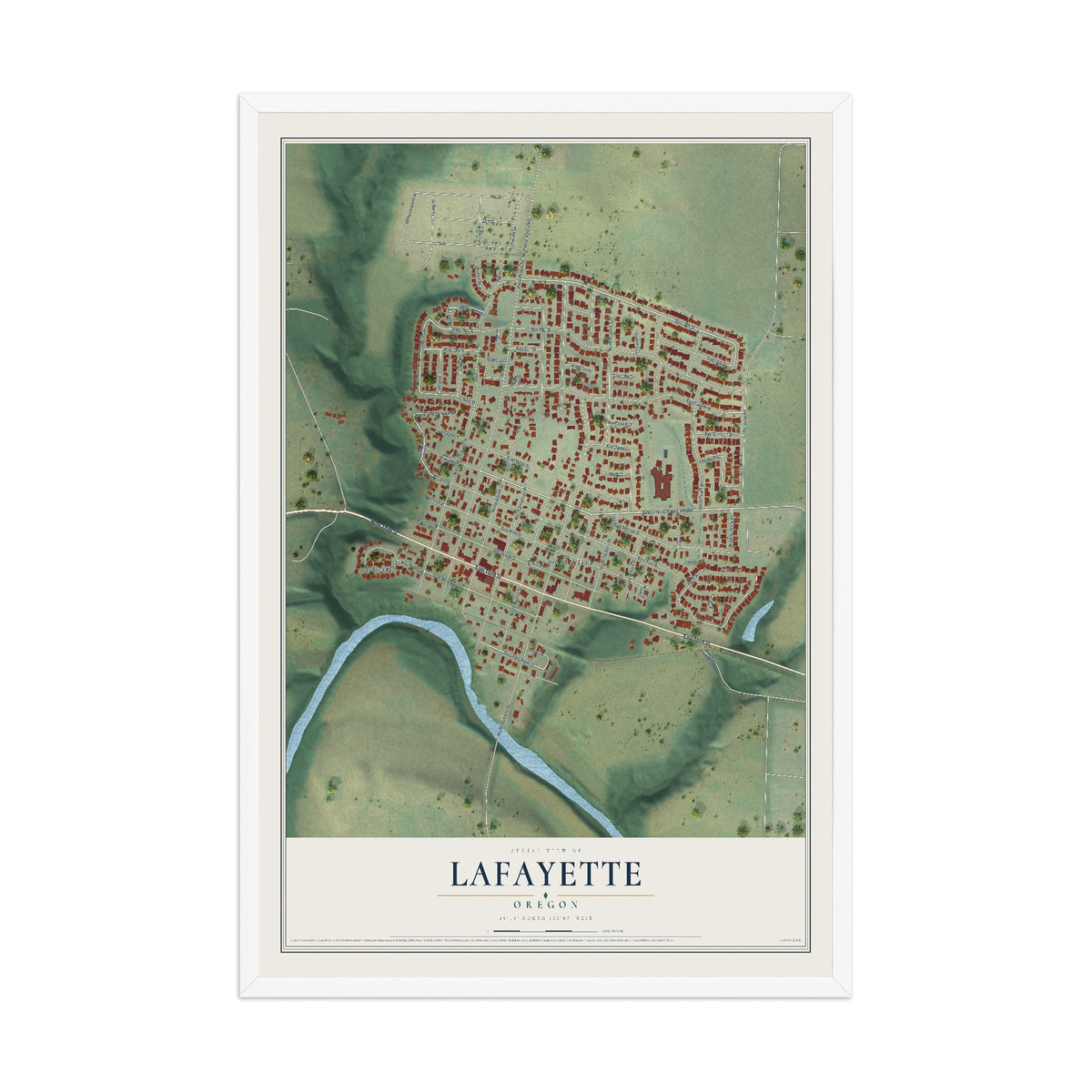 Map of Lafayette, Oregon, 12 x 18 inch print in a white wood frame