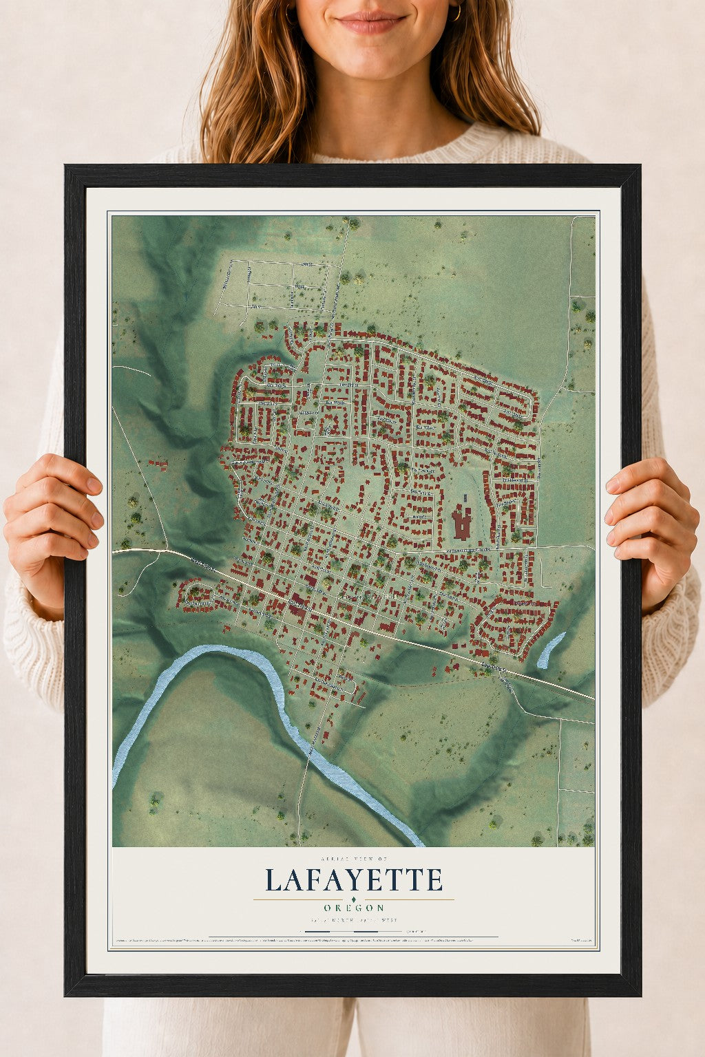 Map of Lafayette, Oregon, 18 x 24 inch print in a black wood frame