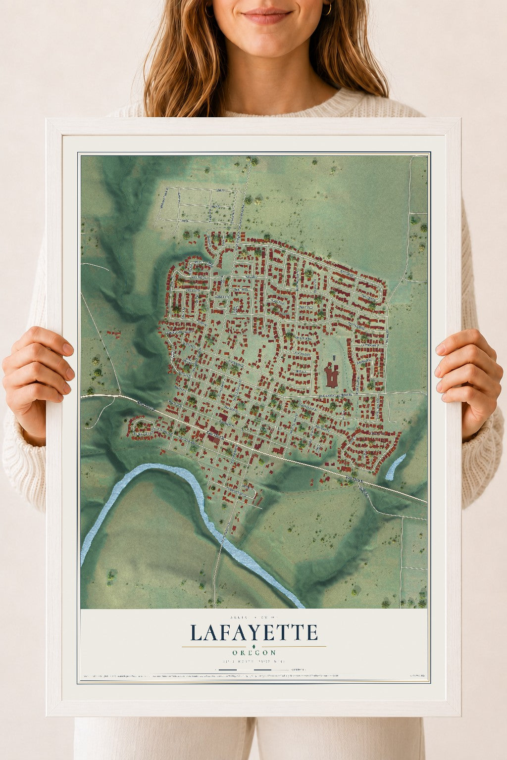 Map of Lafayette, Oregon, 18 x 24 inch print in a white wood frame