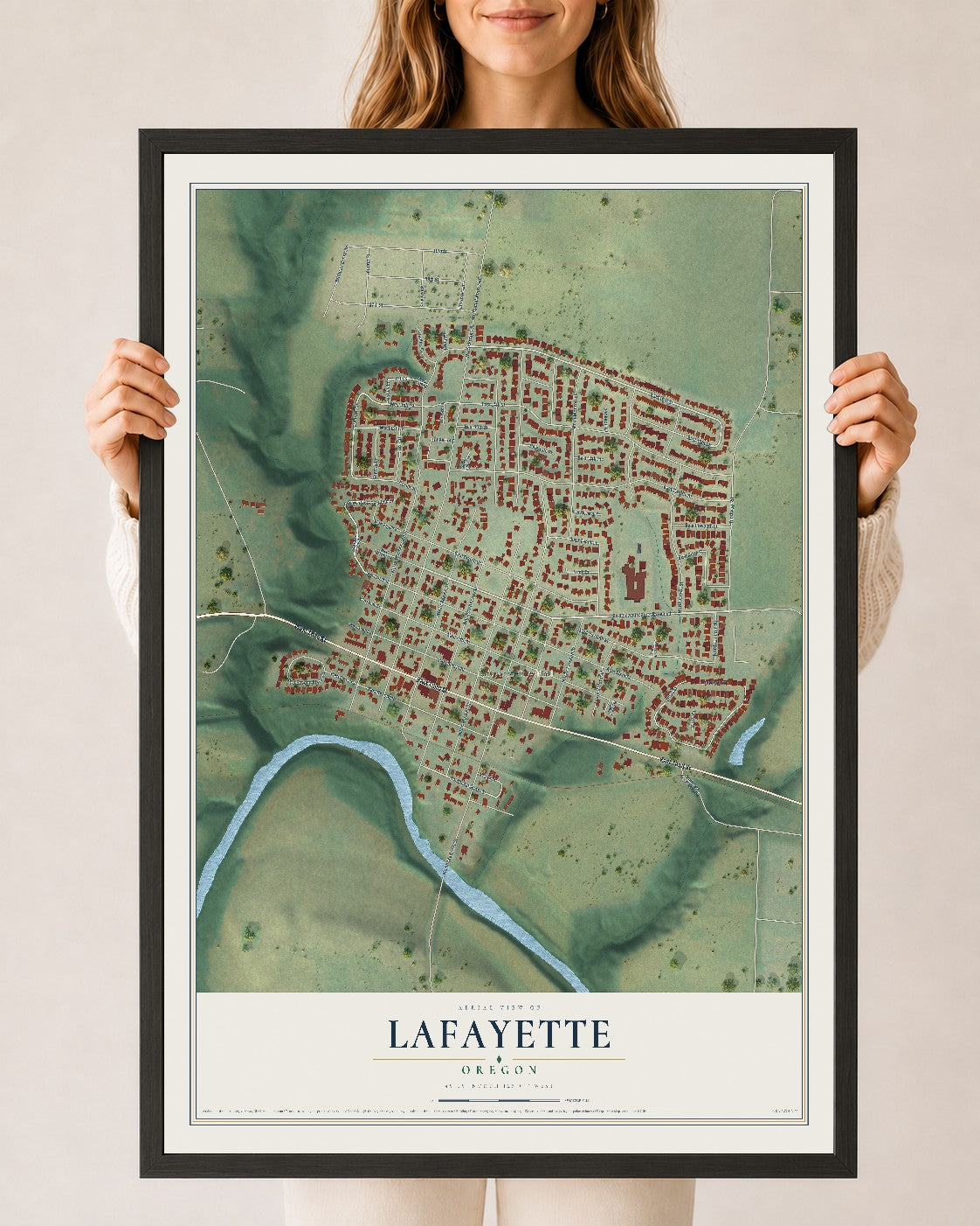 Map of Lafayette, Oregon, 24 x 36 inch print in a black wood frame