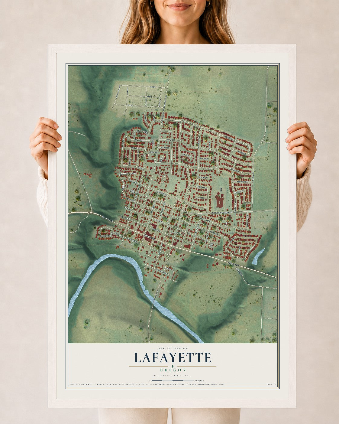 Map of Lafayette, Oregon, 24 x 36 inch print in a white wood frame