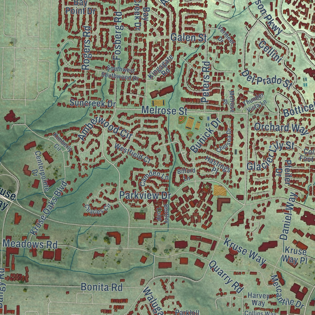 Close-up of the map of Lake Oswego, Oregon print showing street and building detail