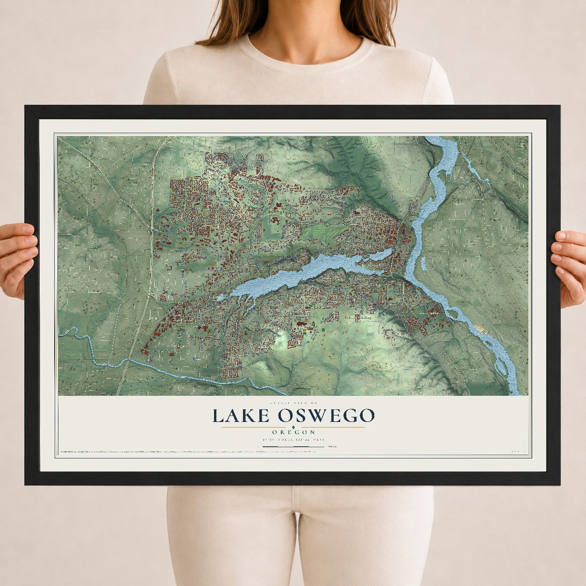 Map of Lake Oswego, Oregon, 18 x 24 inch print in a black wood frame