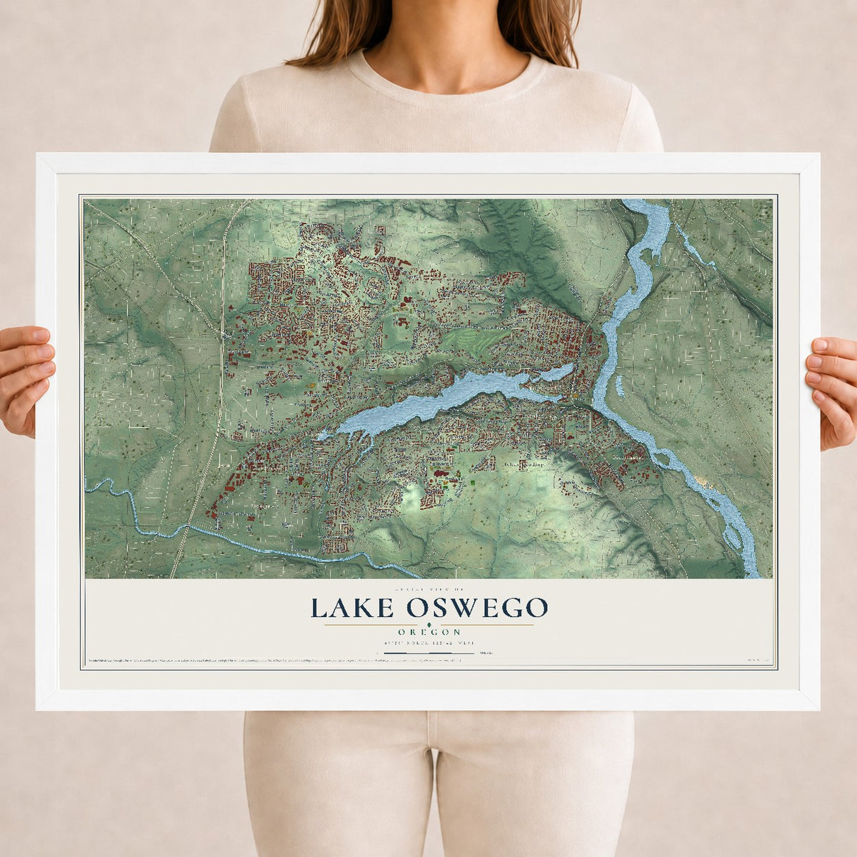 Map of Lake Oswego, Oregon, 18 x 24 inch print in a white wood frame