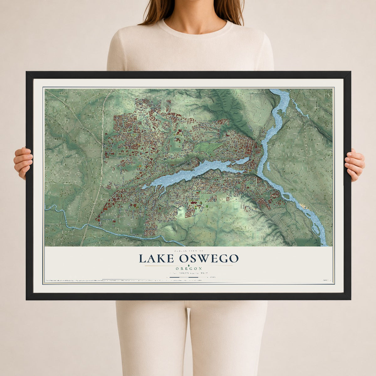 Map of Lake Oswego, Oregon, 24 x 36 inch print in a black wood frame