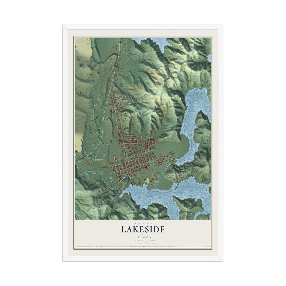 Map of Lakeside, Oregon, 12 x 18 inch print in a white wood frame