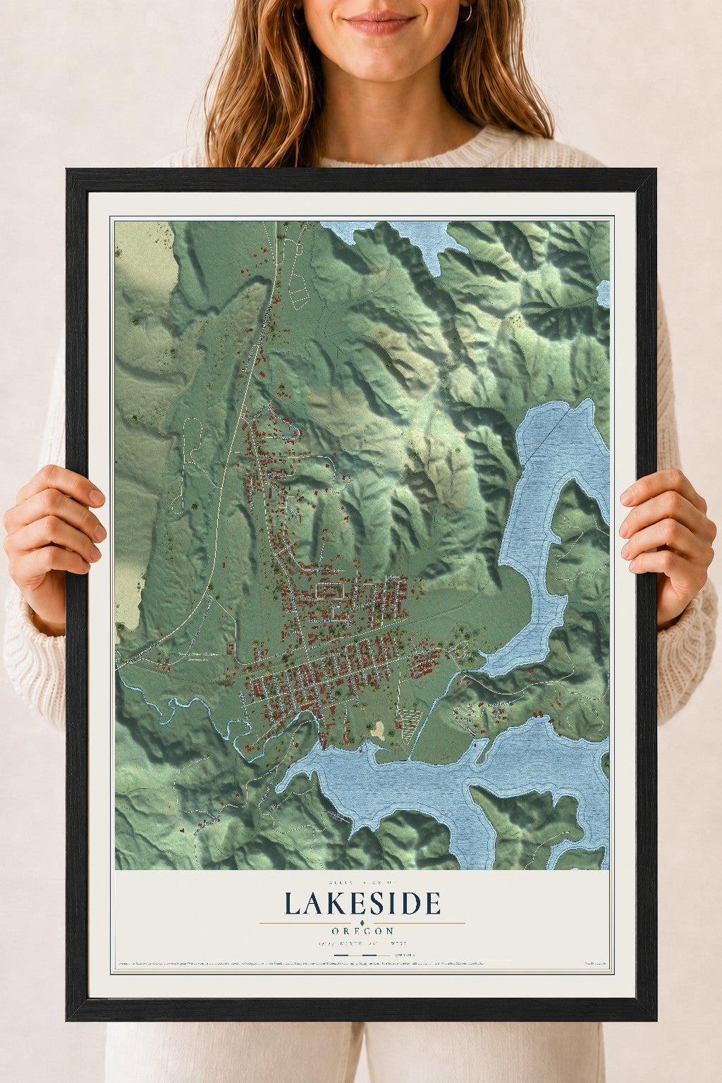 Map of Lakeside, Oregon, 18 x 24 inch print in a black wood frame