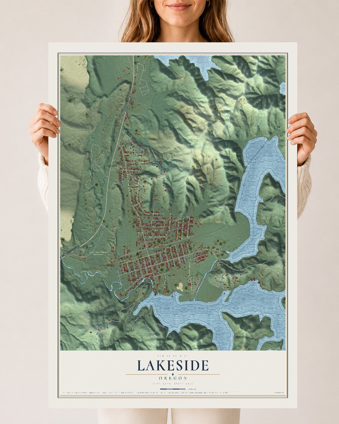 Map of Lakeside, Oregon, 24 x 36 inch unframed archival matte print