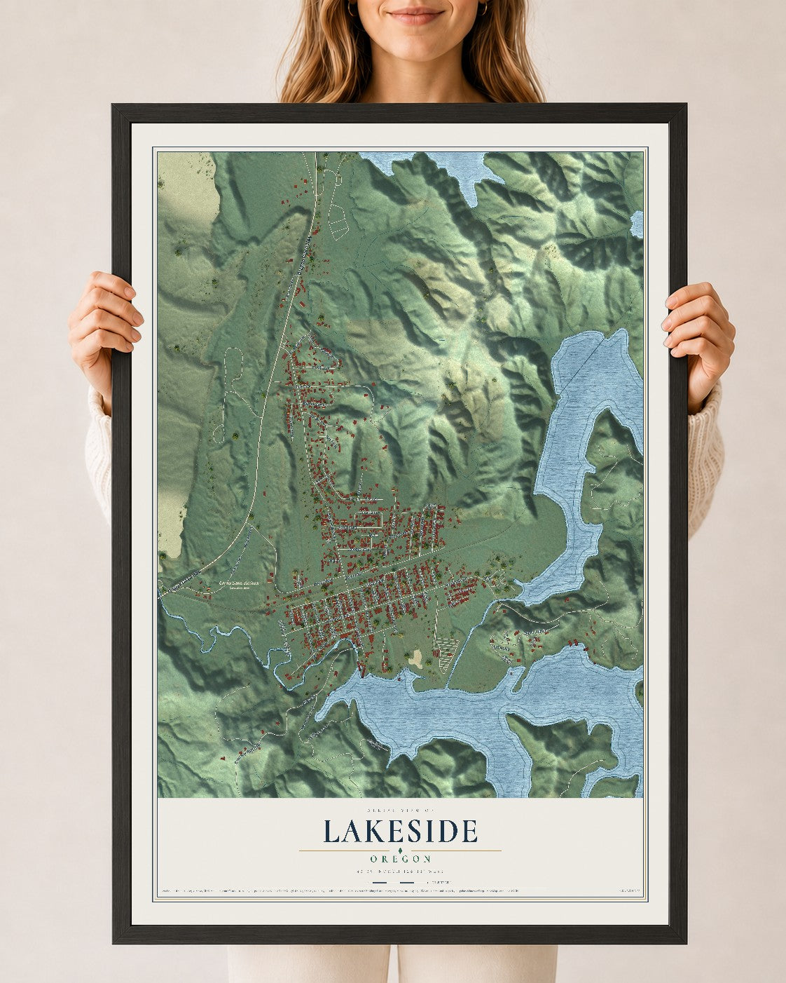 Map of Lakeside, Oregon, 24 x 36 inch print in a black wood frame