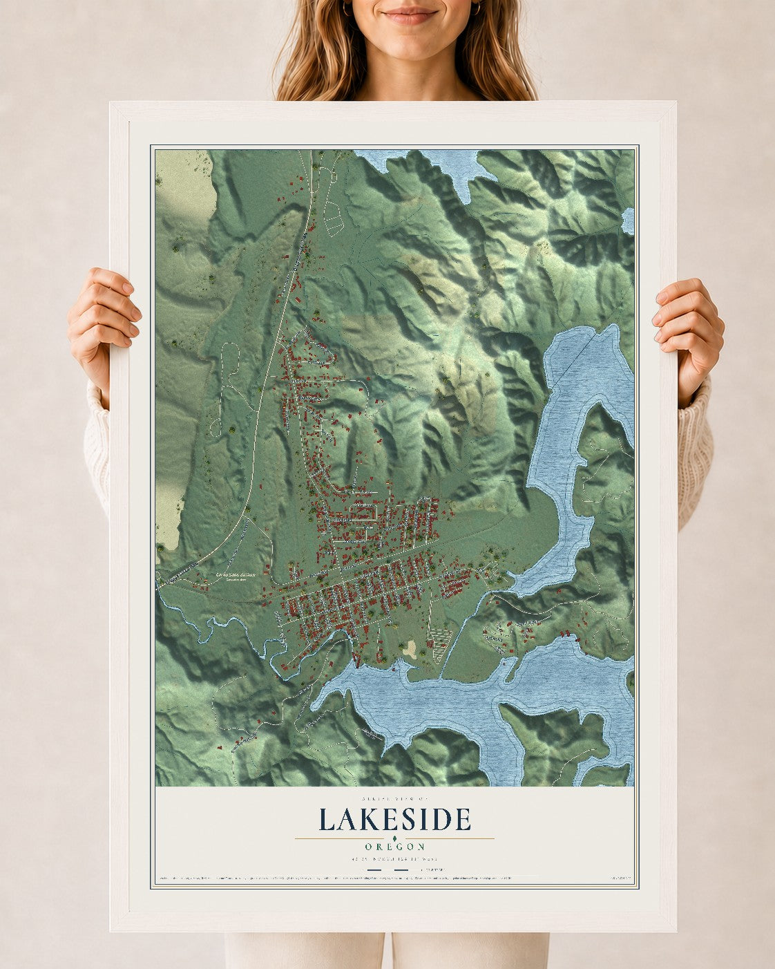 Map of Lakeside, Oregon, 24 x 36 inch print in a white wood frame