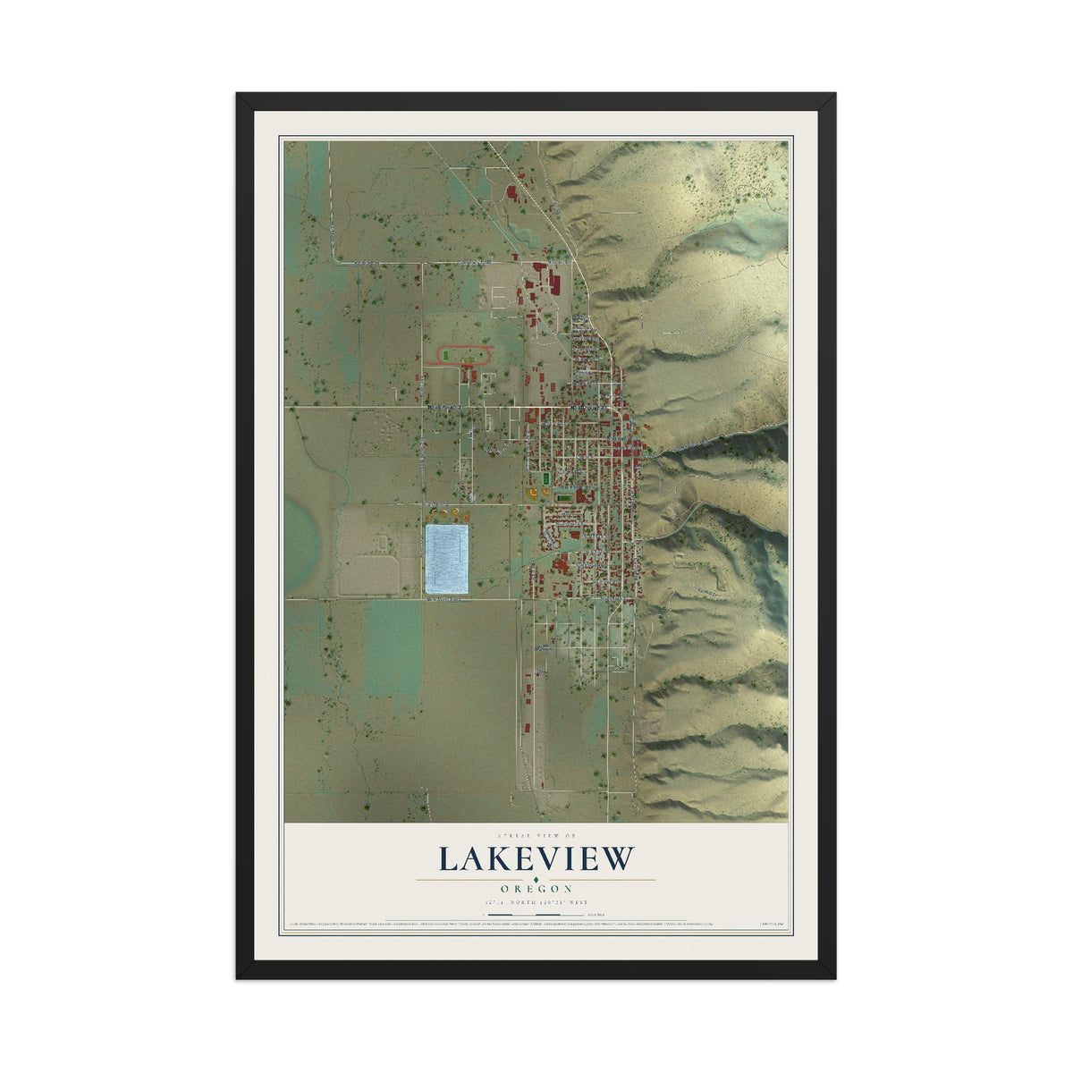 Map of Lakeview, Oregon, 12 x 18 inch print in a black wood frame