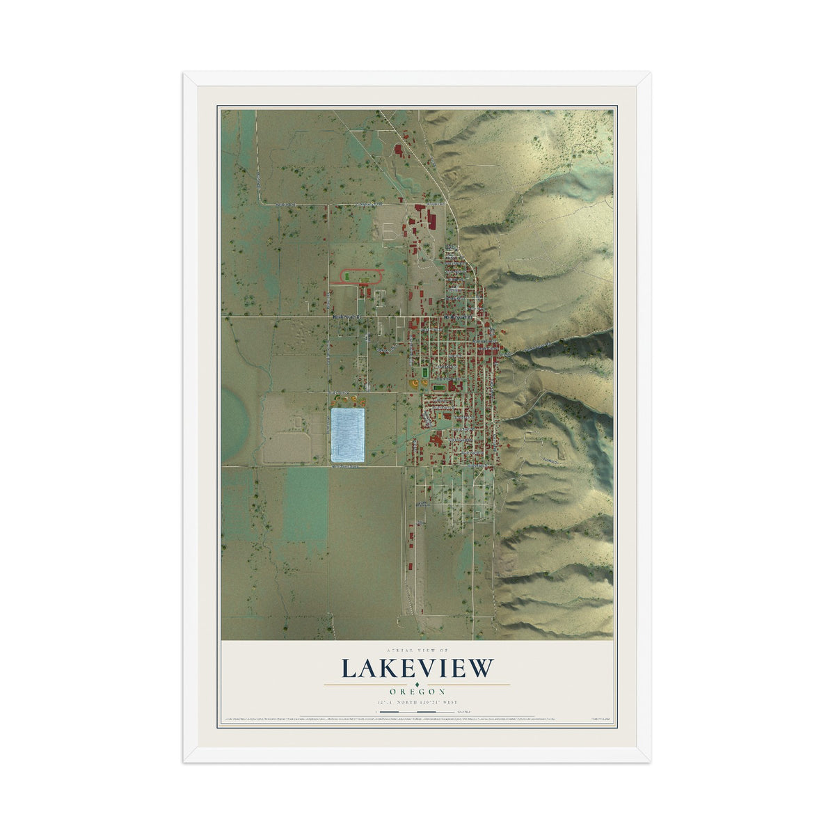 Map of Lakeview, Oregon, 12 x 18 inch print in a white wood frame