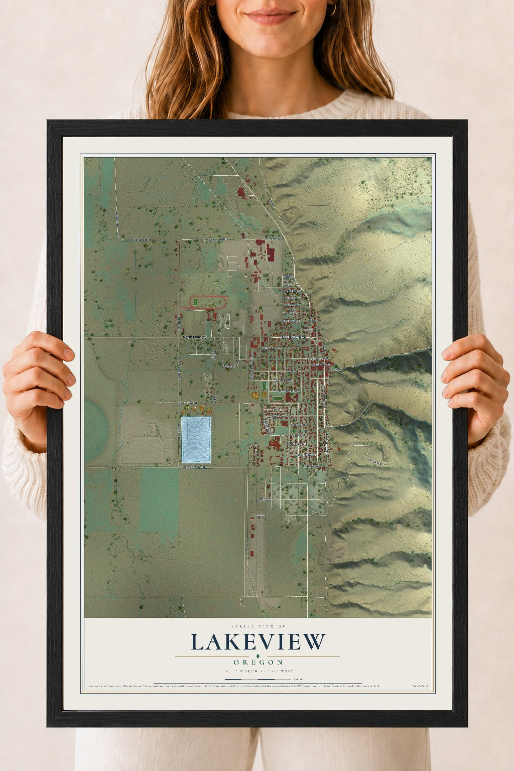 Map of Lakeview, Oregon, 18 x 24 inch print in a black wood frame