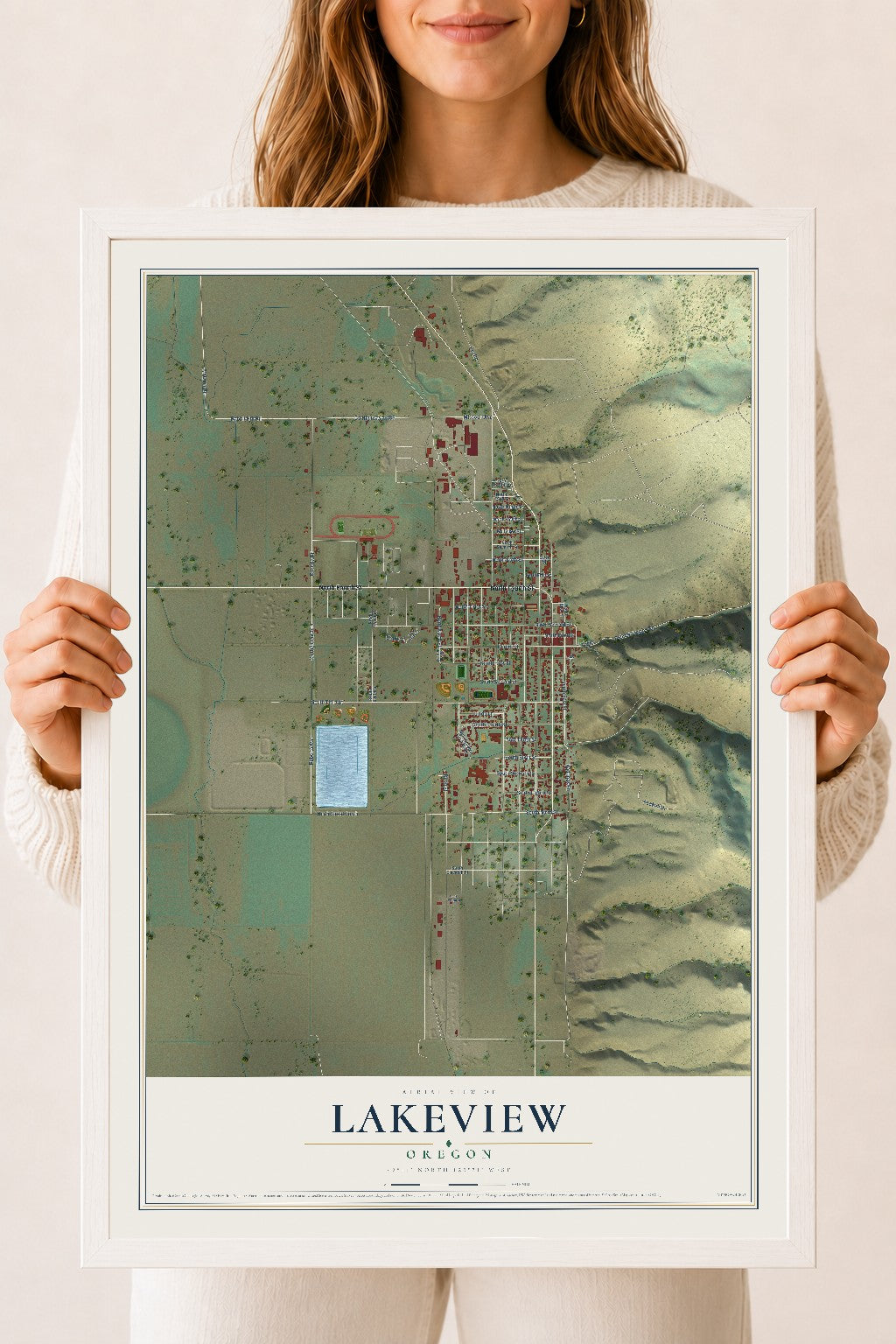 Map of Lakeview, Oregon, 18 x 24 inch print in a white wood frame
