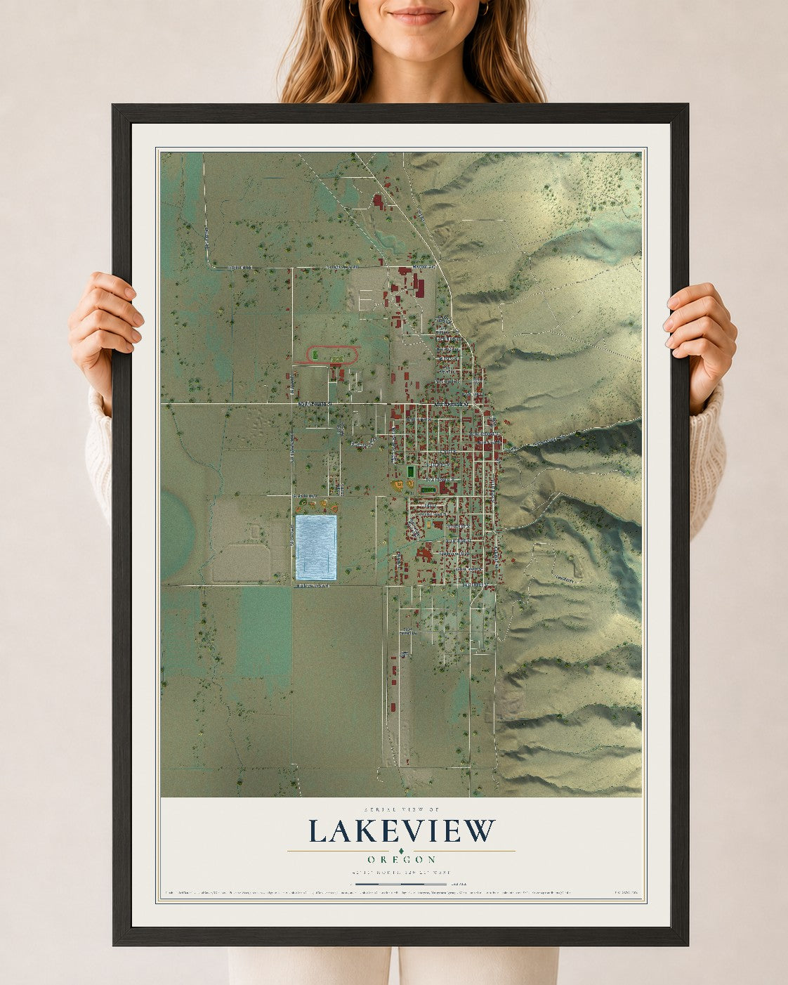 Map of Lakeview, Oregon, 24 x 36 inch print in a black wood frame
