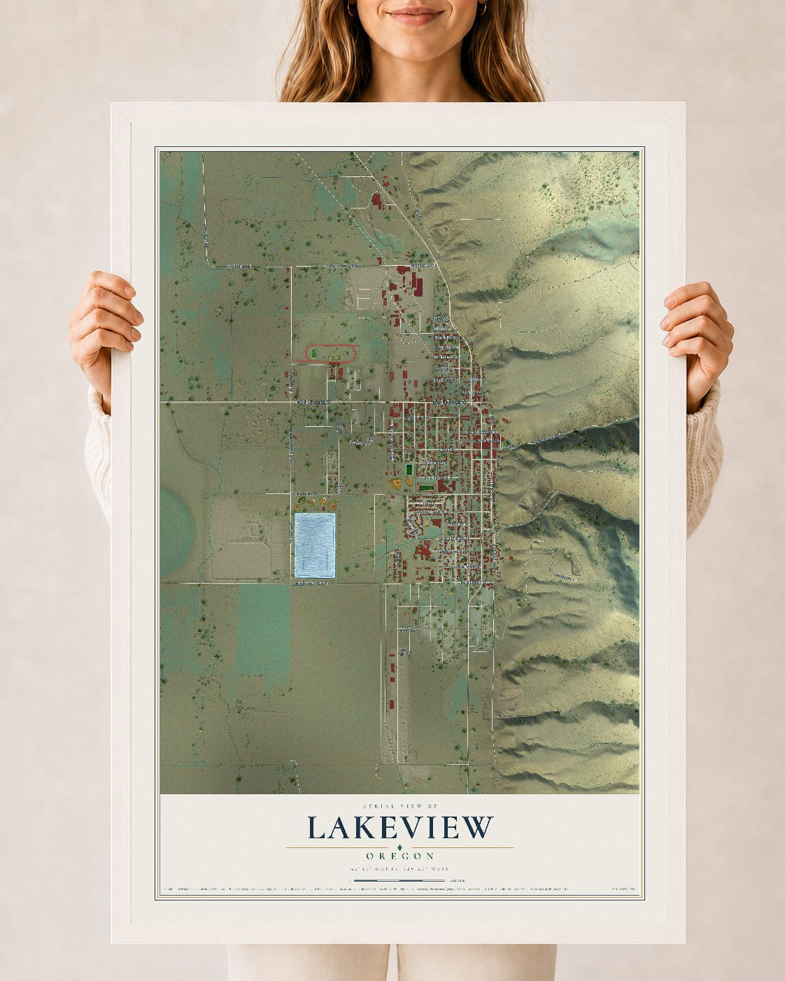 Map of Lakeview, Oregon, 24 x 36 inch print in a white wood frame
