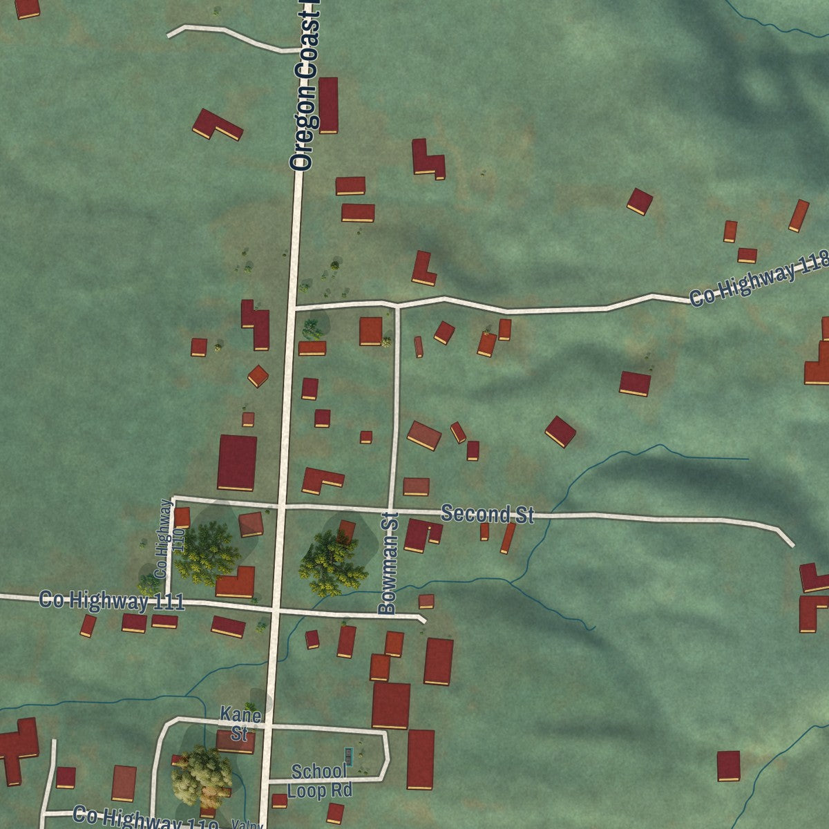 Close-up of the map of Langlois, Oregon print showing street and building detail