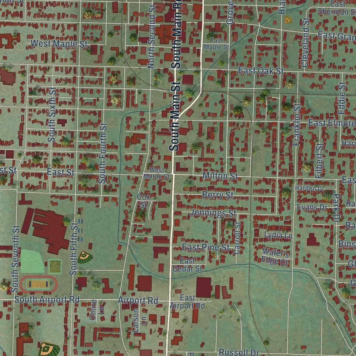 Close-up of the map of Lebanon, Oregon print showing street and building detail