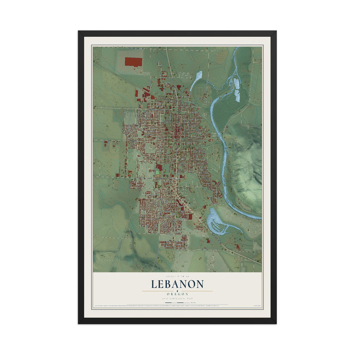 Map of Lebanon, Oregon, 12 x 18 inch print in a black wood frame