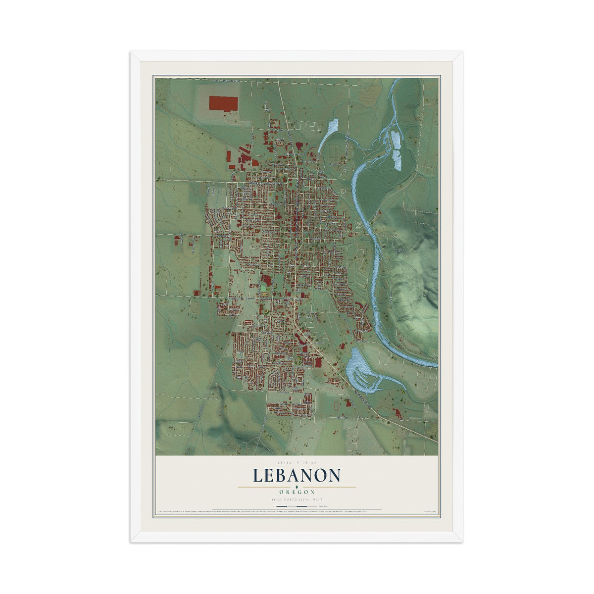 Map of Lebanon, Oregon, 12 x 18 inch print in a white wood frame