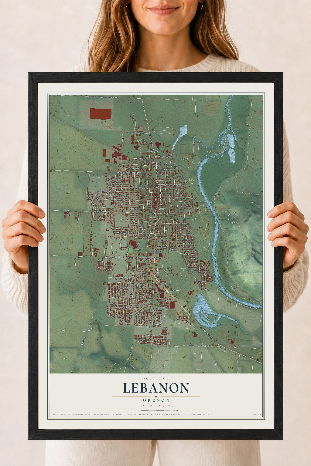 Map of Lebanon, Oregon, 18 x 24 inch print in a black wood frame