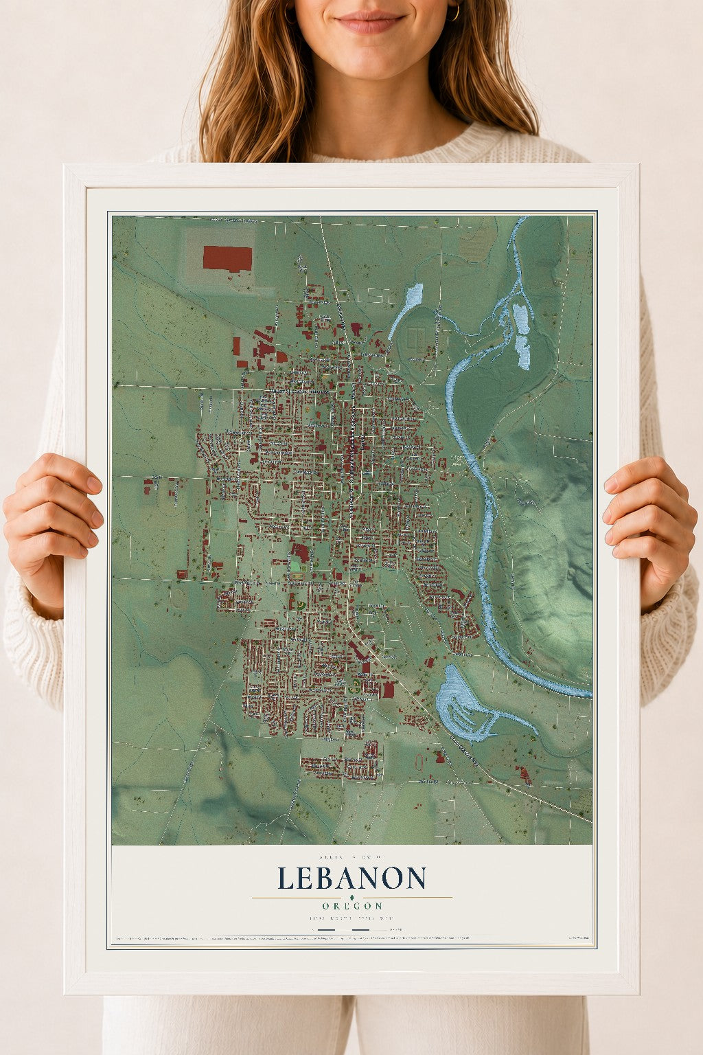 Map of Lebanon, Oregon, 18 x 24 inch print in a white wood frame