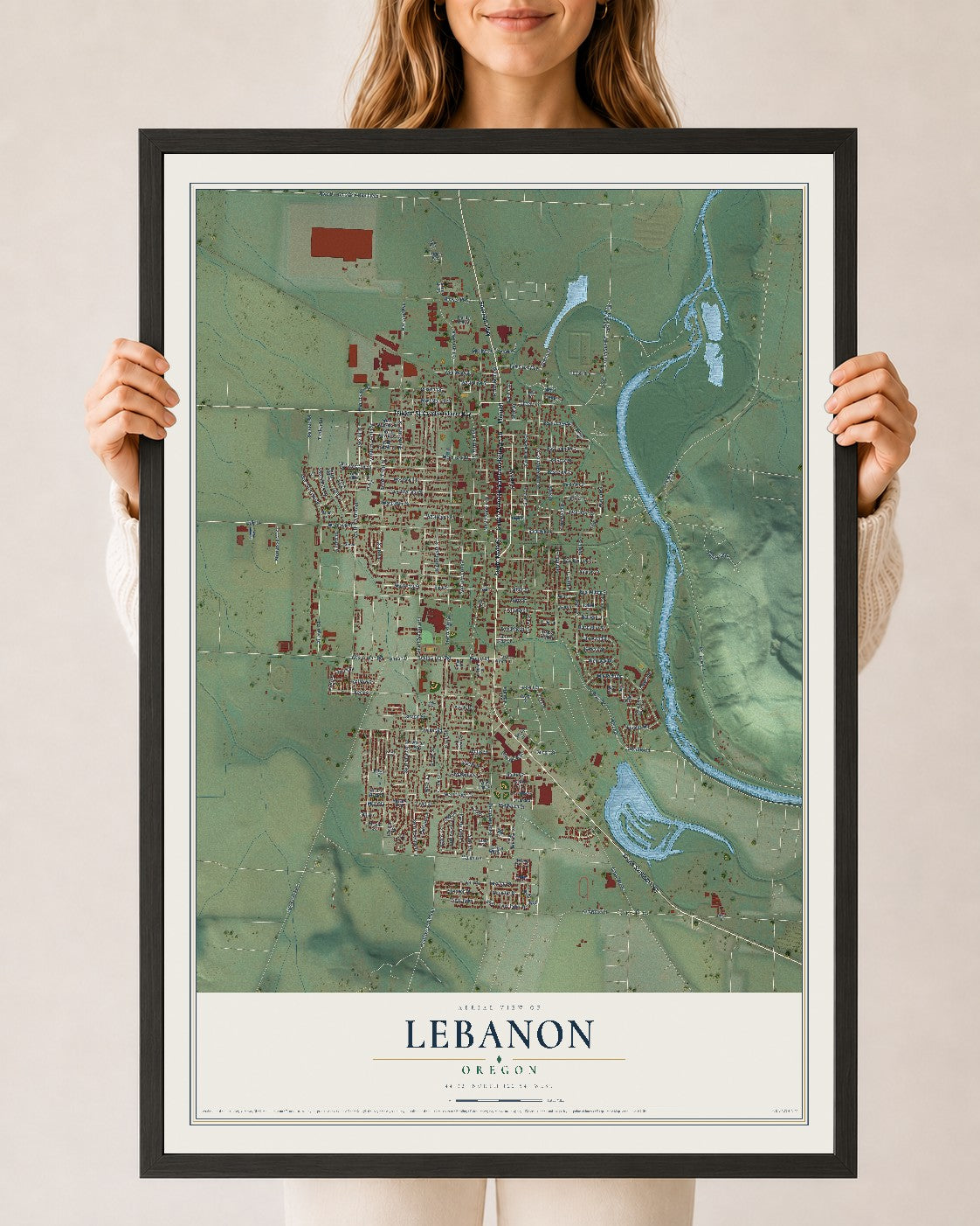 Map of Lebanon, Oregon, 24 x 36 inch print in a black wood frame