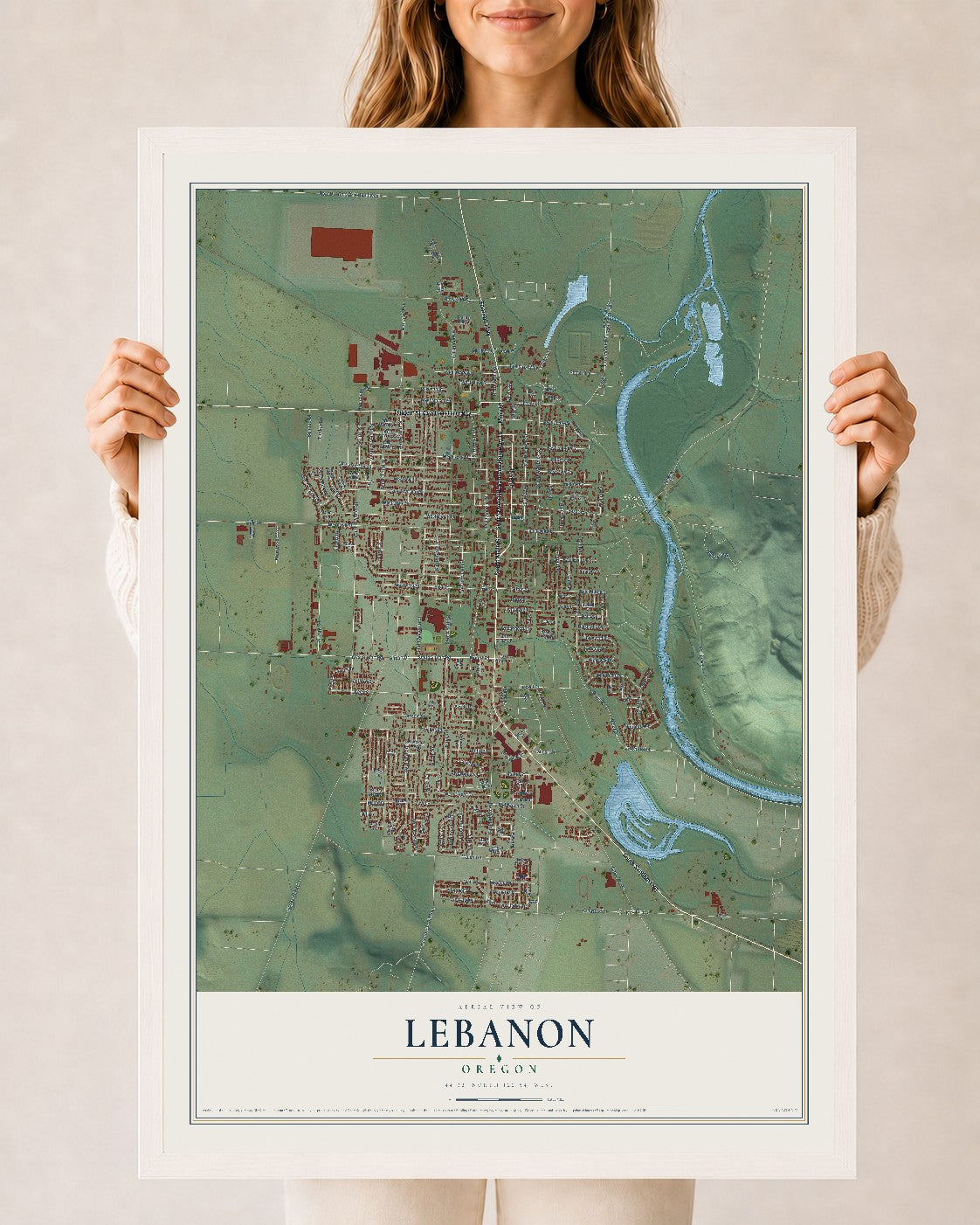 Map of Lebanon, Oregon, 24 x 36 inch print in a white wood frame