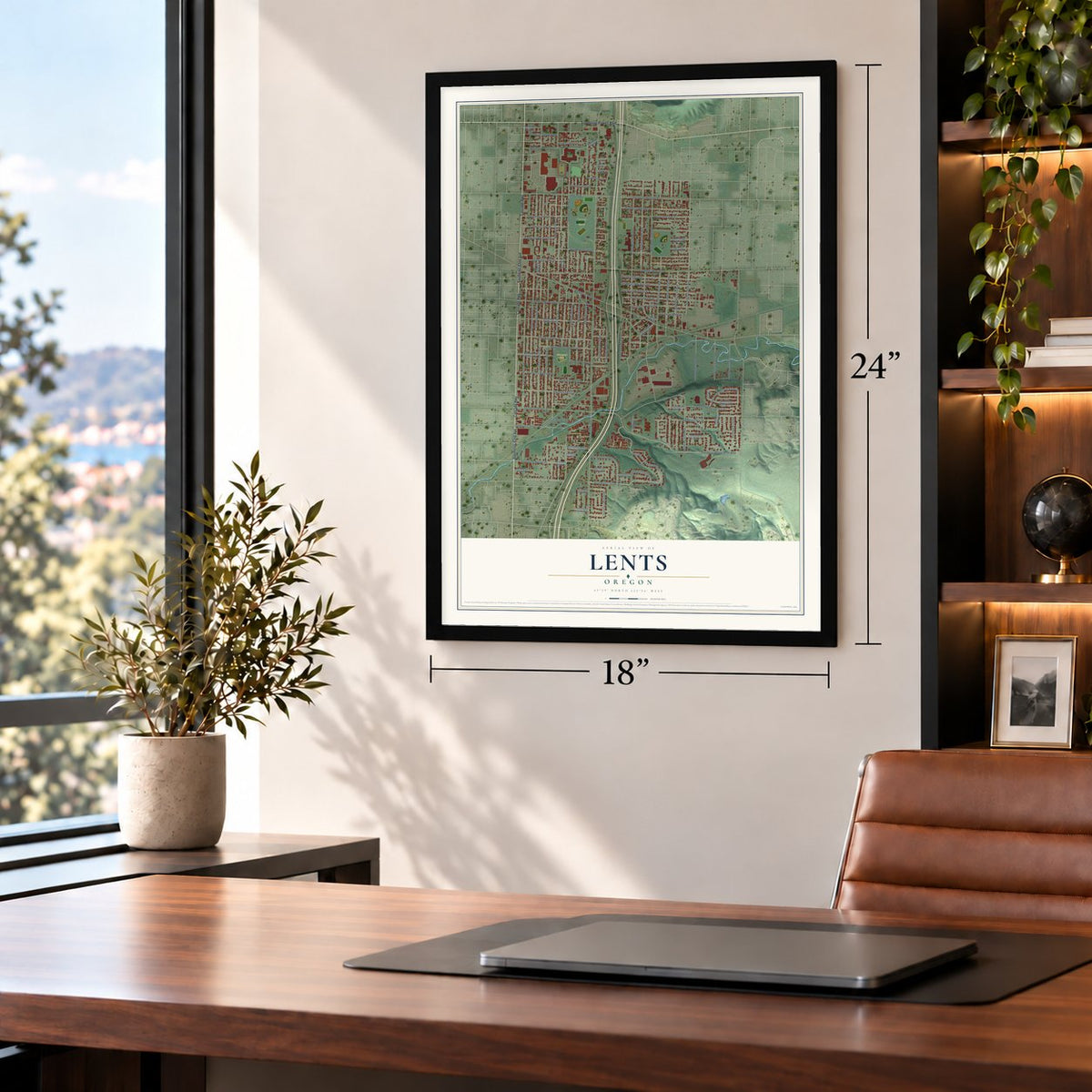 Lents, Oregon map, 18 x 24 inch print in a black frame in a home office