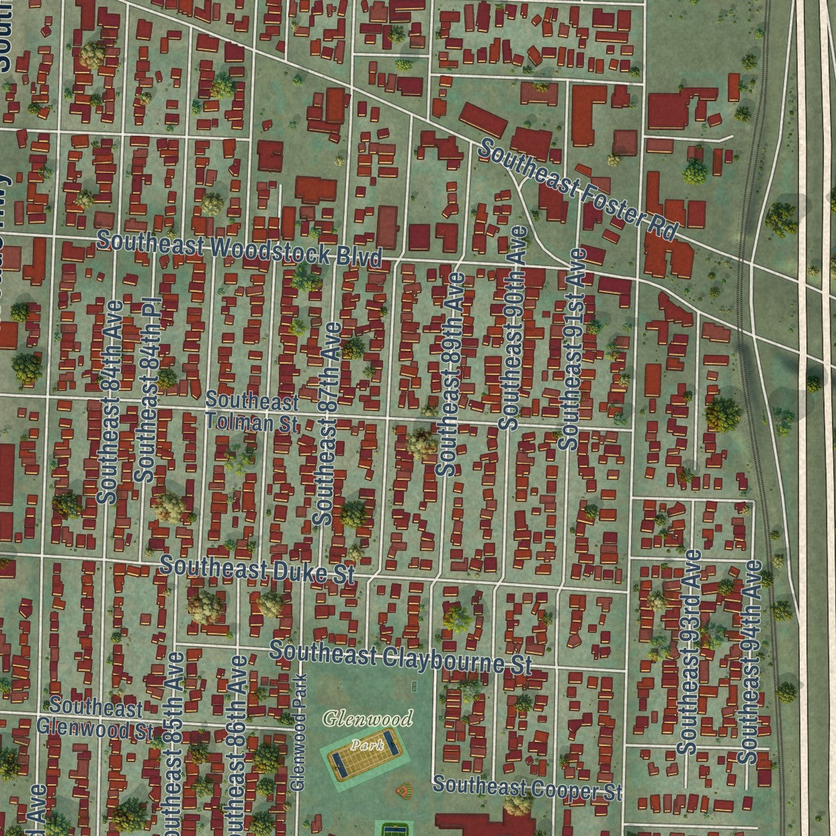 Close-up of the map of Lents, Oregon print showing street and building detail