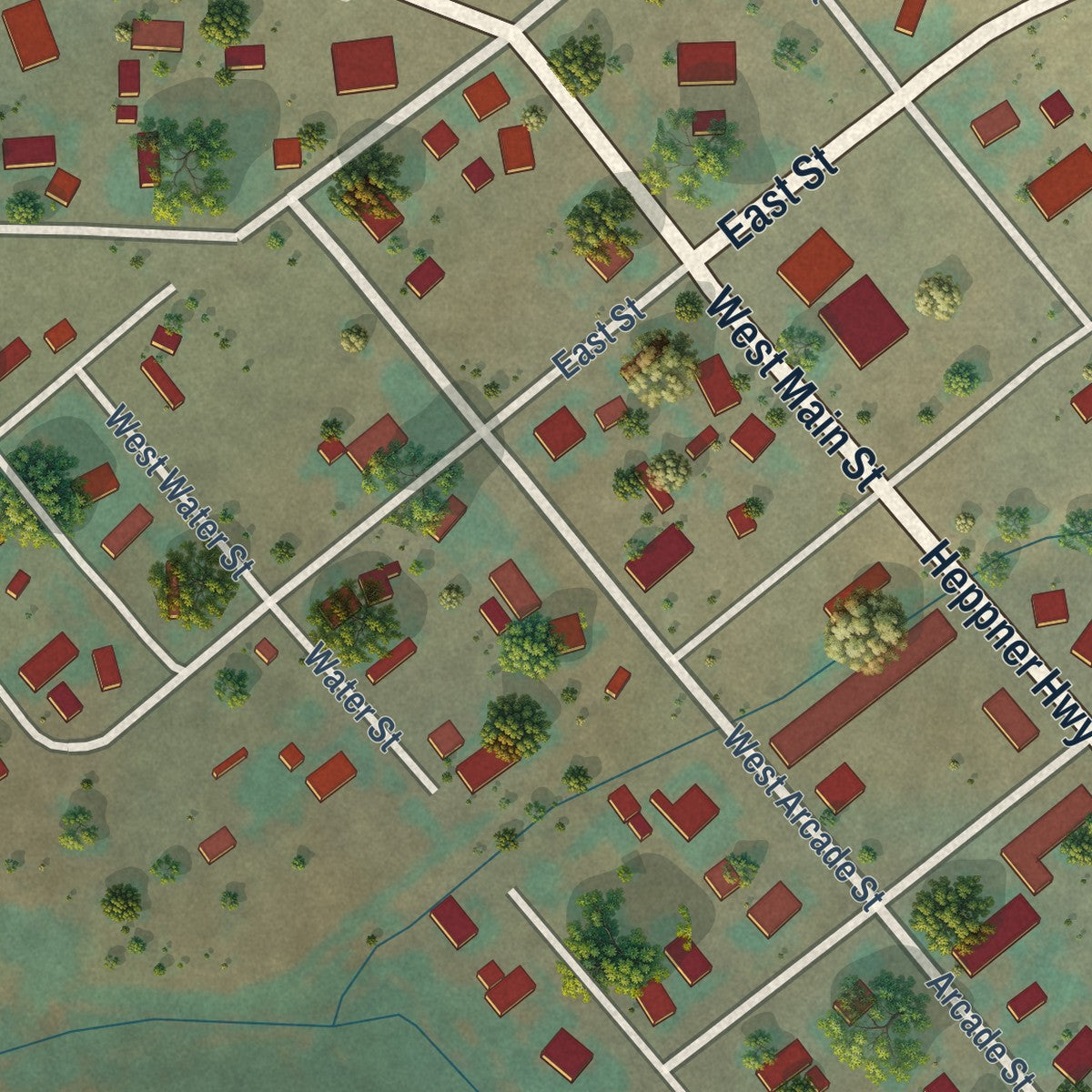 Close-up of the map of Lexington, Oregon print showing street and building detail