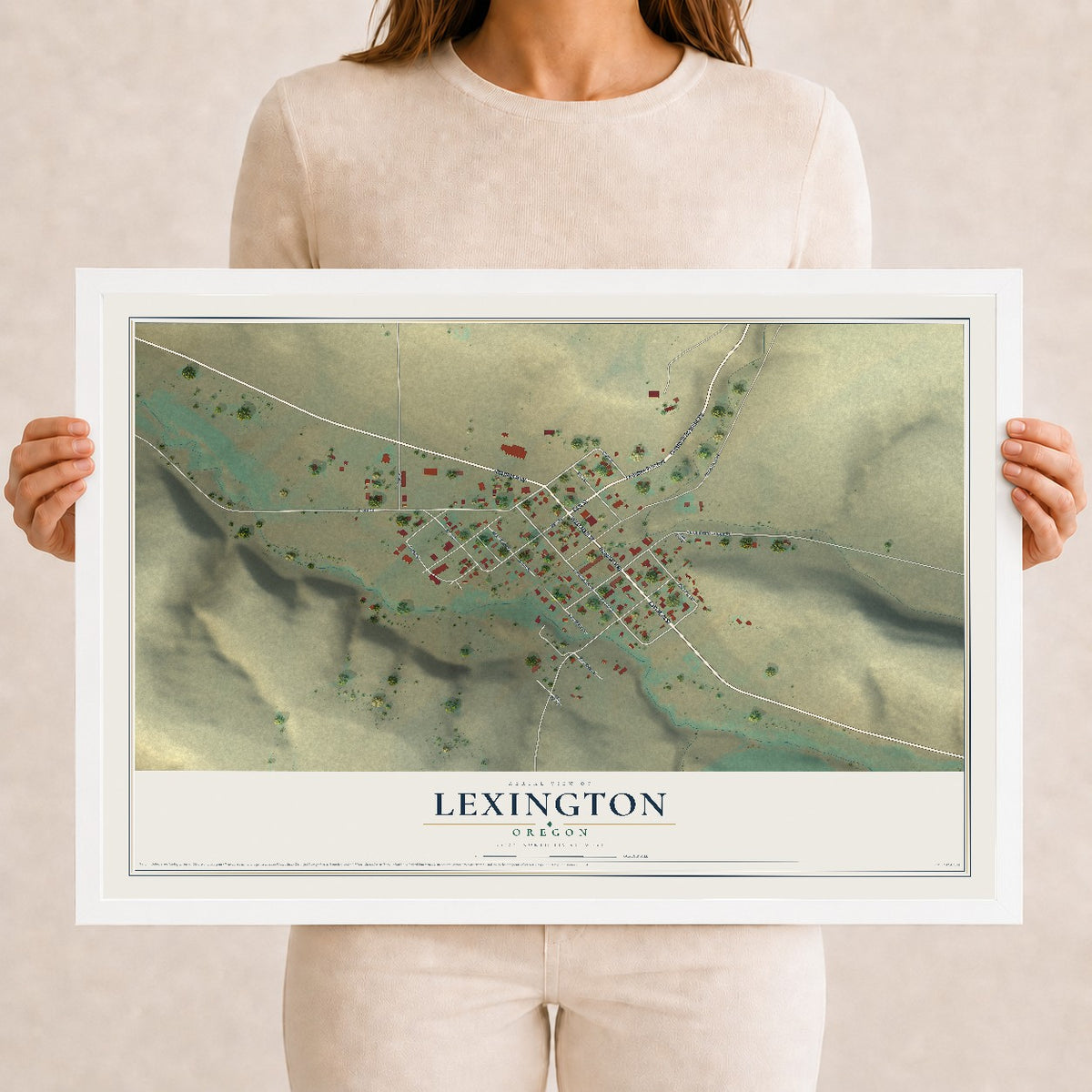Map of Lexington, Oregon, 12 x 18 inch print in a white wood frame