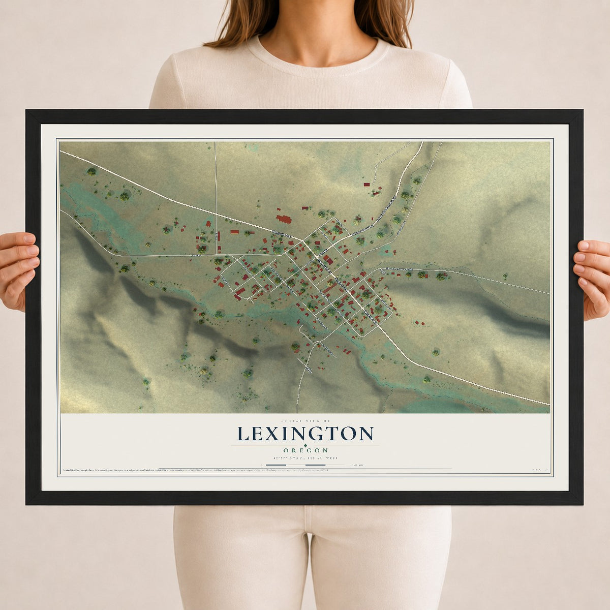 Map of Lexington, Oregon, 18 x 24 inch print in a black wood frame
